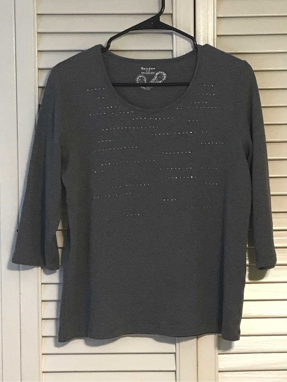 TanJay Gray Long Sleeve Scoop Neck Top with Stud Accents